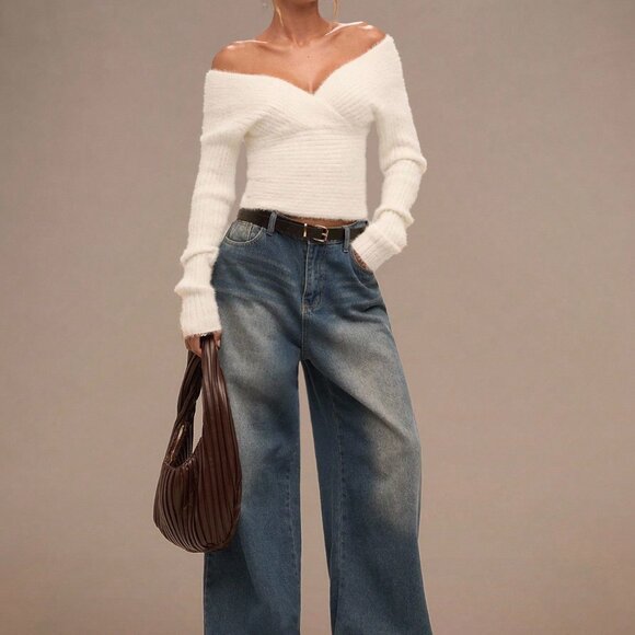 Apricot Casual Minimalist Women's Off-Shoulder Long Sleeve Sweater - Picture 5 of 8